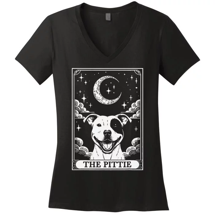 Tarot Card Vintage Crescent Moon Pit Bull Dog Pittie Mom Women's V-Neck T-Shirt