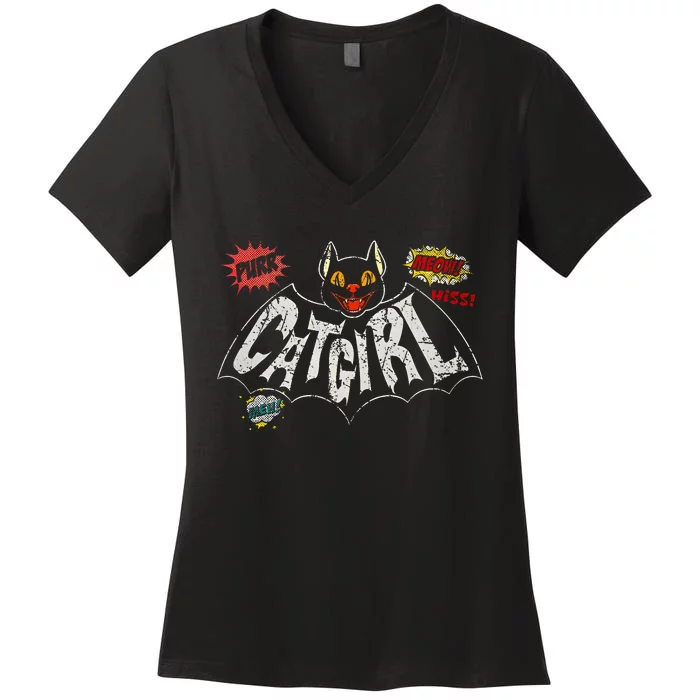 The Catgirl Vintage Rockabilly Women's V-Neck T-Shirt