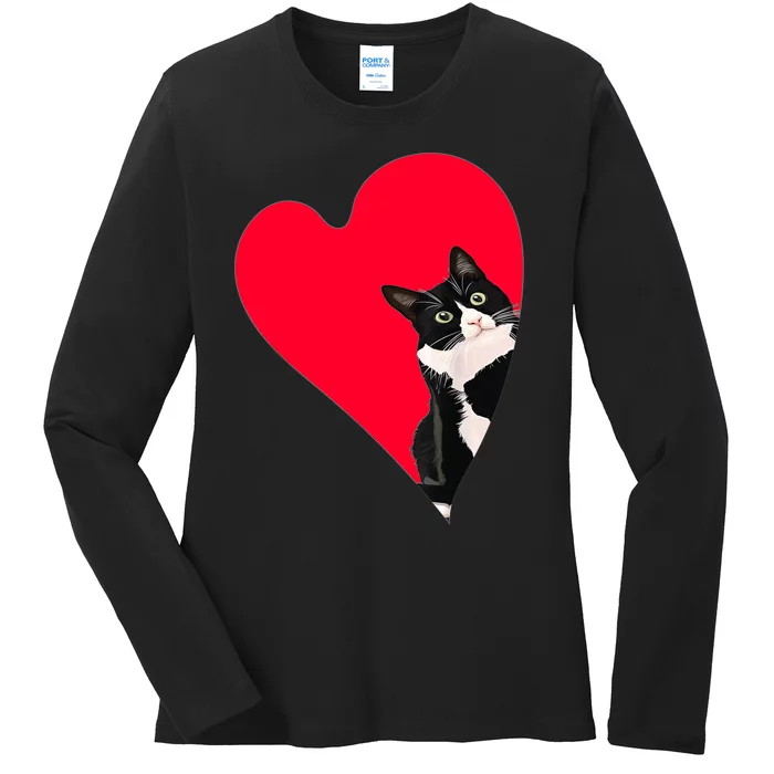 Tuxedo Cat Valentine Heart For Kitten And Animal Lovers TShirt Ladies Long Sleeve Shirt