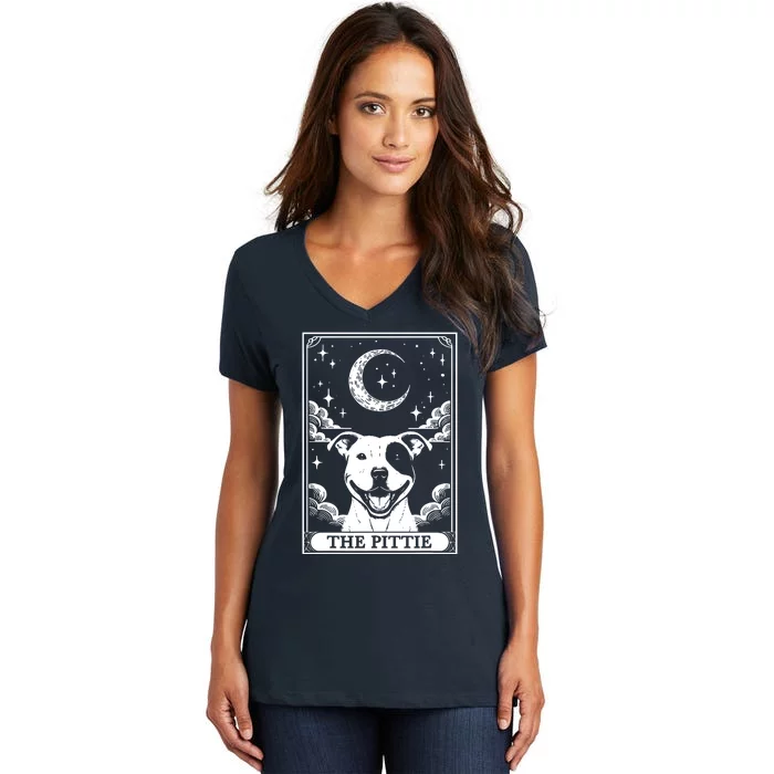 Tarot Card Vintage Crescent Moon Pit Bull Dog Pittie Mom Women's V-Neck T-Shirt