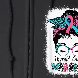 Thyroid Cancer Warrior Awareness Messy Bun Mom Teal Ribbon Full Zip Hoodie