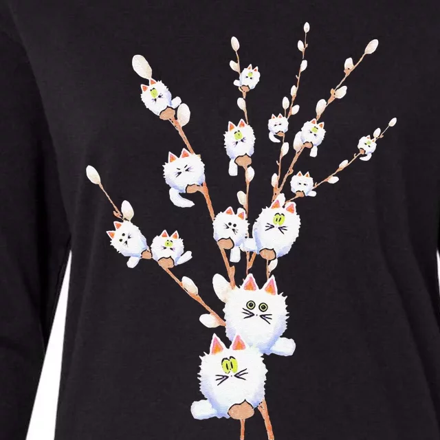 Tree Cat Willow Buds Flowers Tree Womens Cotton Relaxed Long Sleeve T-Shirt