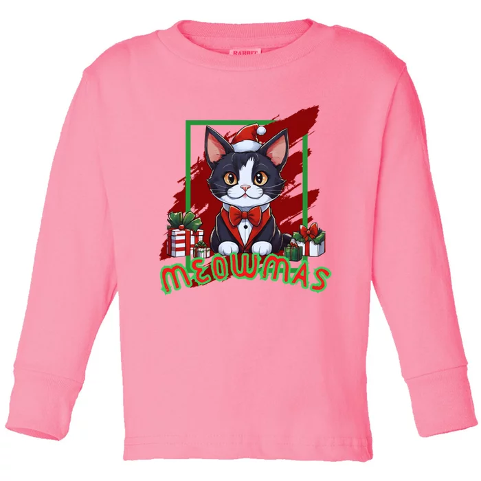 Tuxedo Cat With Christmas Gifts Meowmas. Toddler Long Sleeve Shirt