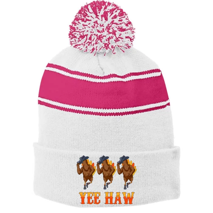 Turkey Cowboy Yeehaw Thanksgiving Day Rodeo Western Cowgirl Stripe Pom Pom Beanie