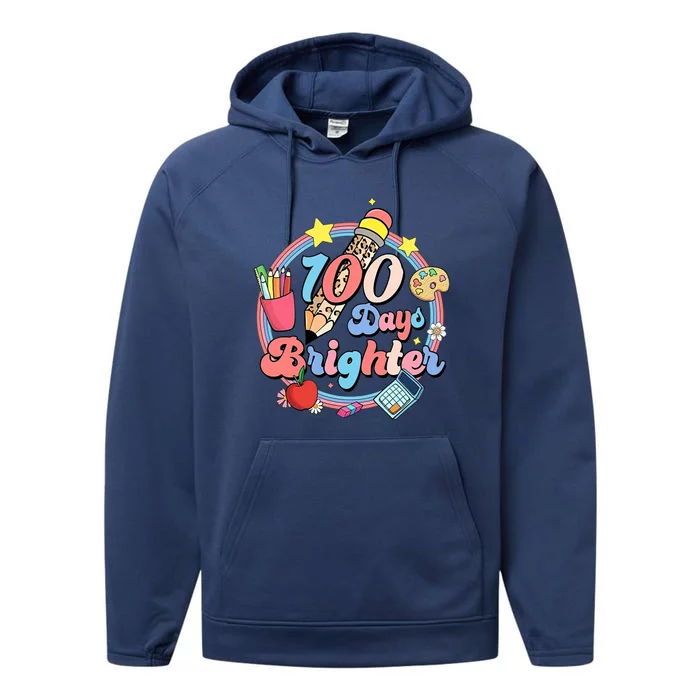 Tie Dye 100 Days Brighter Student Happy 100th Day Of School Gift Performance Fleece Hoodie