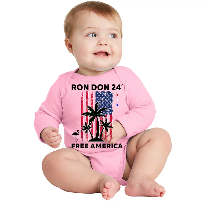 Trump DeSantis 2024 Ron Don 24 American Flag Flamingo Stars Baby Long Sleeve Bodysuit