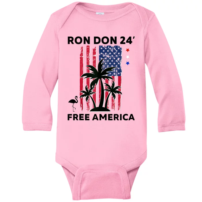 Trump DeSantis 2024 Ron Don 24 American Flag Flamingo Stars Baby Long Sleeve Bodysuit