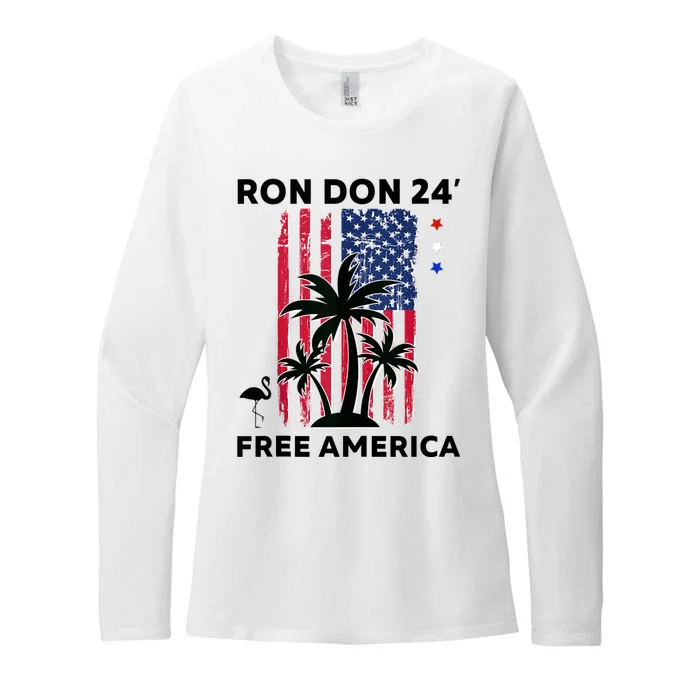 Trump DeSantis 2024 Ron Don 24 American Flag Flamingo Stars Womens CVC Long Sleeve Shirt