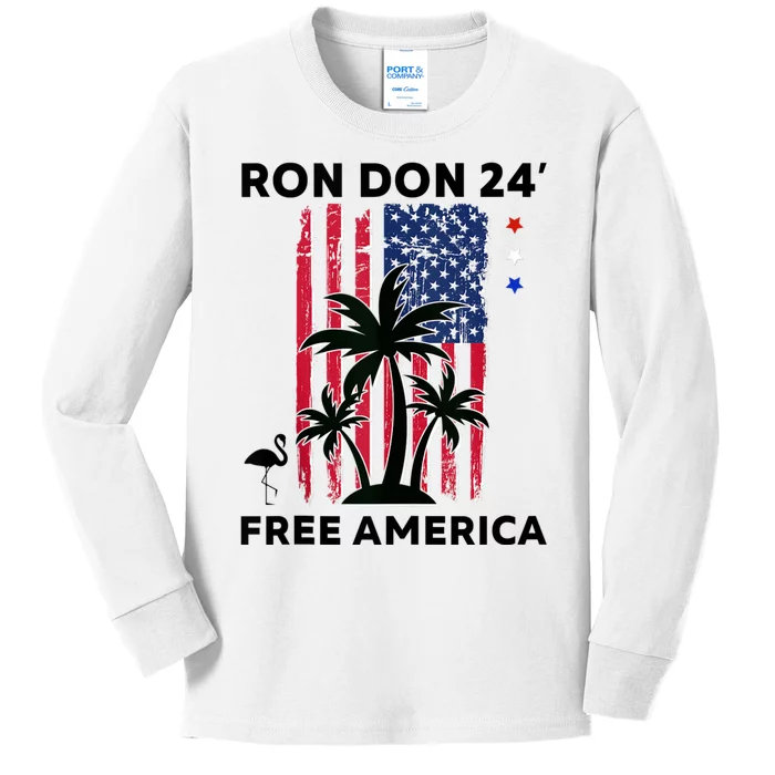 Trump DeSantis 2024 Ron Don 24 American Flag Flamingo Stars Kids Long Sleeve Shirt