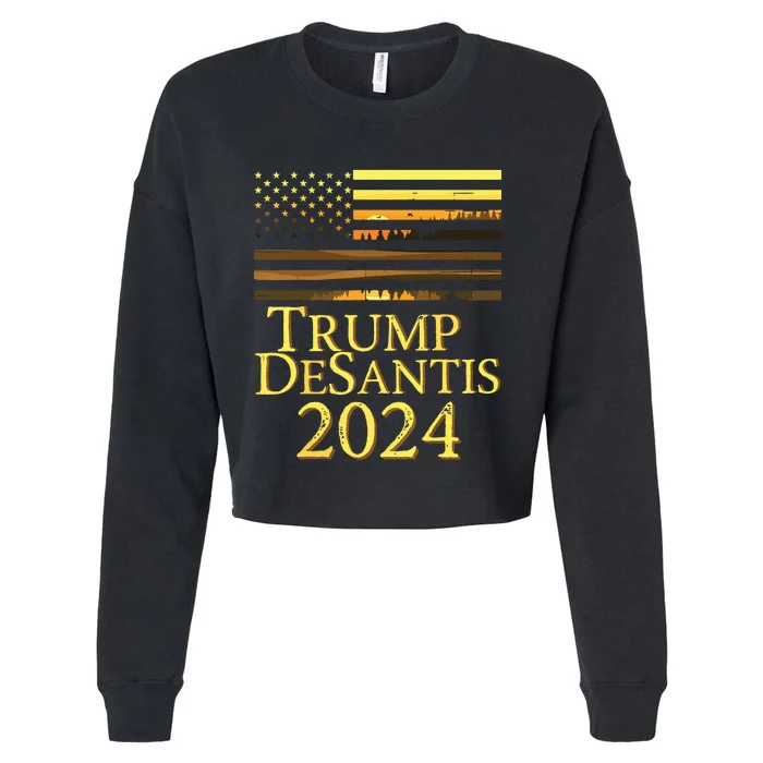 Trump DeSantis 2024 American Flag Vintage Distressed Sunset Cropped Pullover Crew