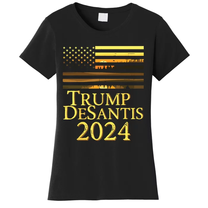 Trump DeSantis 2024 American Flag Vintage Distressed Sunset Women's T-Shirt