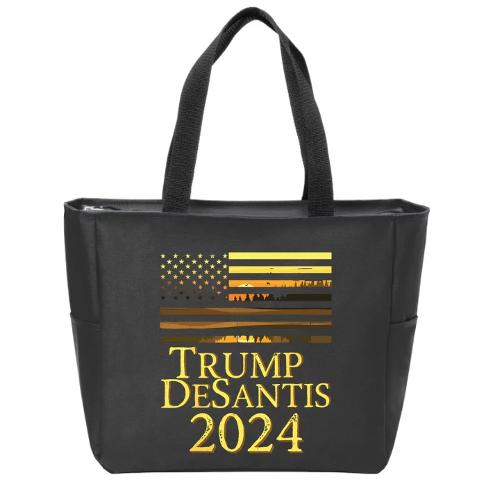 Trump DeSantis 2024 American Flag Vintage Distressed Sunset Zip Tote Bag