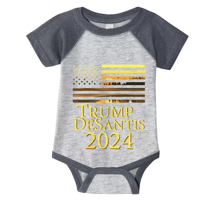 Trump DeSantis 2024 American Flag Vintage Distressed Sunset Infant Baby Jersey Bodysuit