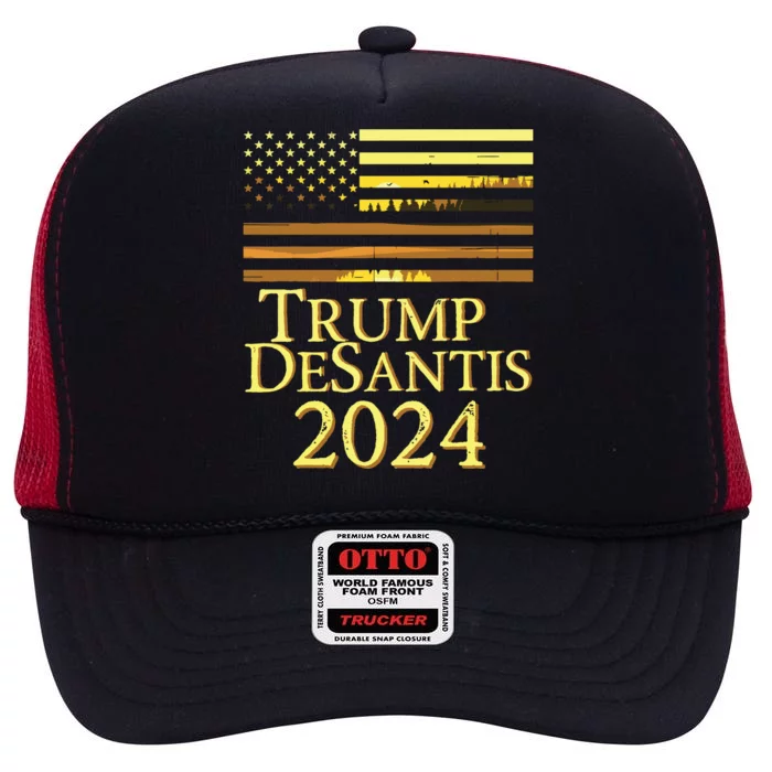 Trump Desantis 2024 American Flag Vintage Distressed Sunset High Crown Mesh Trucker Hat