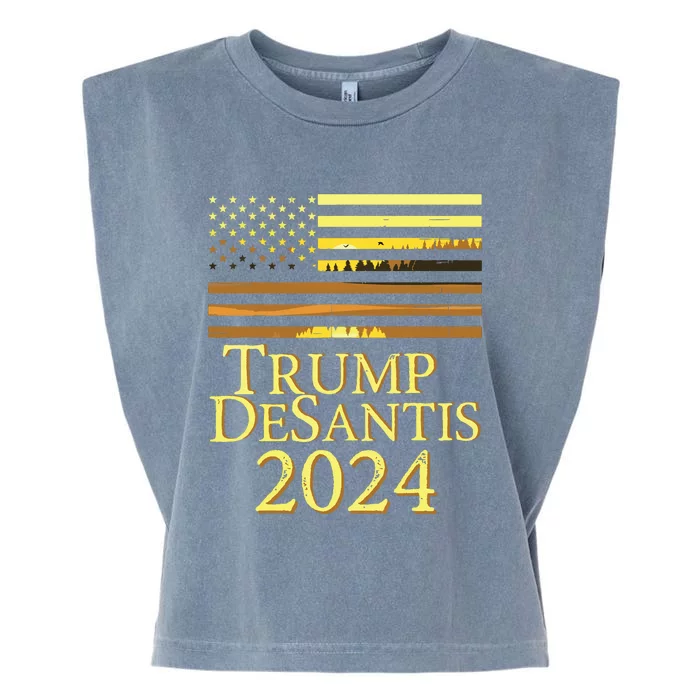 Trump Desantis 2024 American Flag Vintage Distressed Sunset Garment-Dyed Women's Muscle Tee