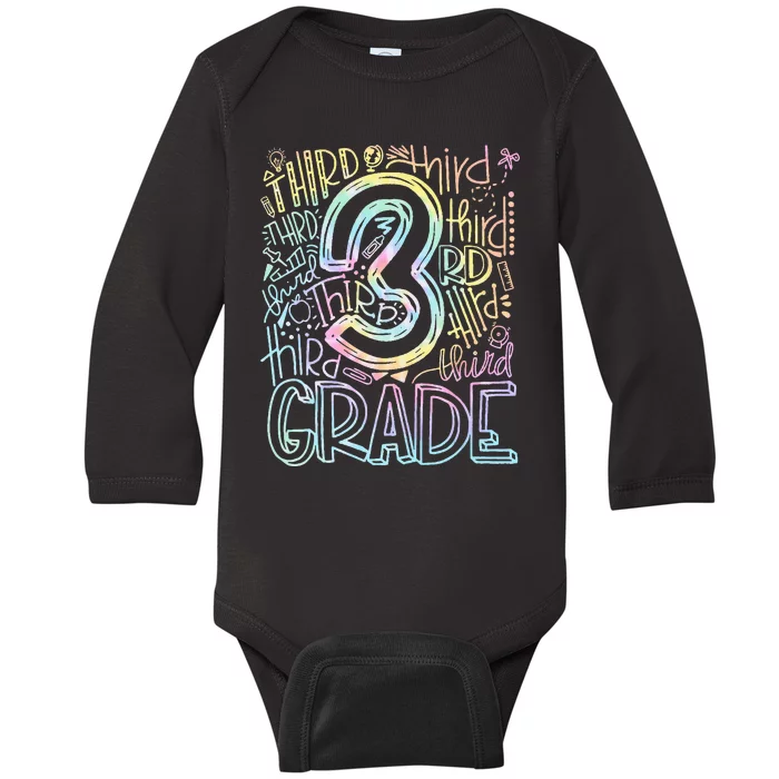 Tie Dye 3rd Grade Typography Students Teacher Back To School Baby Long Sleeve Bodysuit