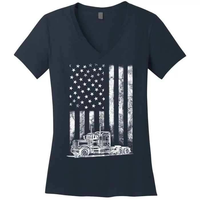 Truck Driver American Flag Trucker Vintage Gift Women's V-Neck T-Shirt