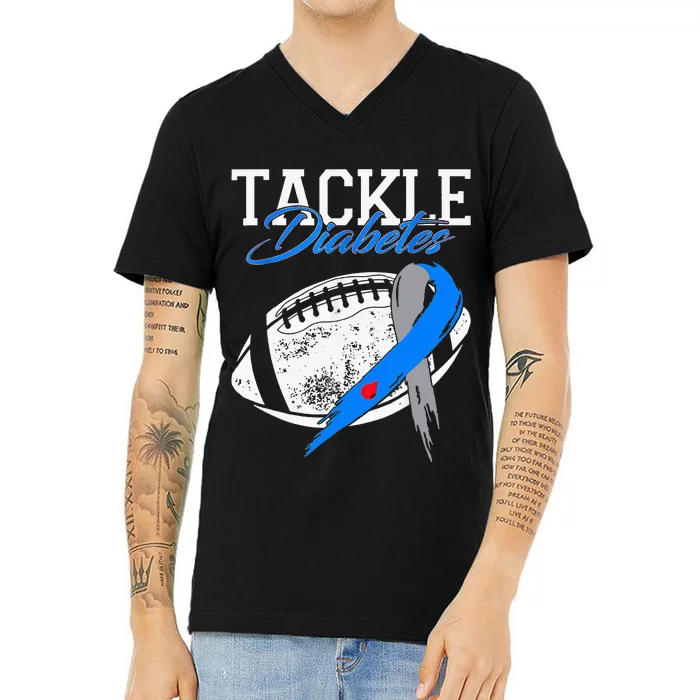 Tackle Diabetes Blue Football Type 1 T1d Diabetes Awareness V-Neck T-Shirt