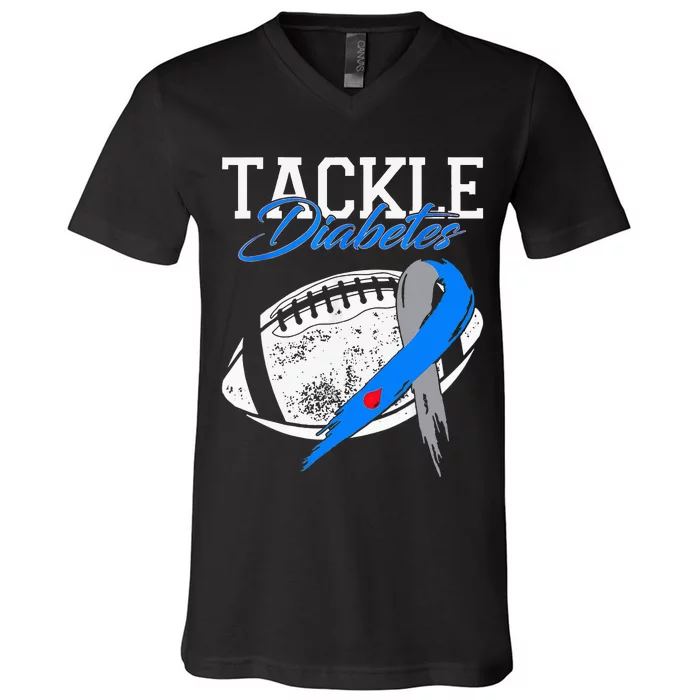 Tackle Diabetes Blue Football Type 1 T1d Diabetes Awareness V-Neck T-Shirt