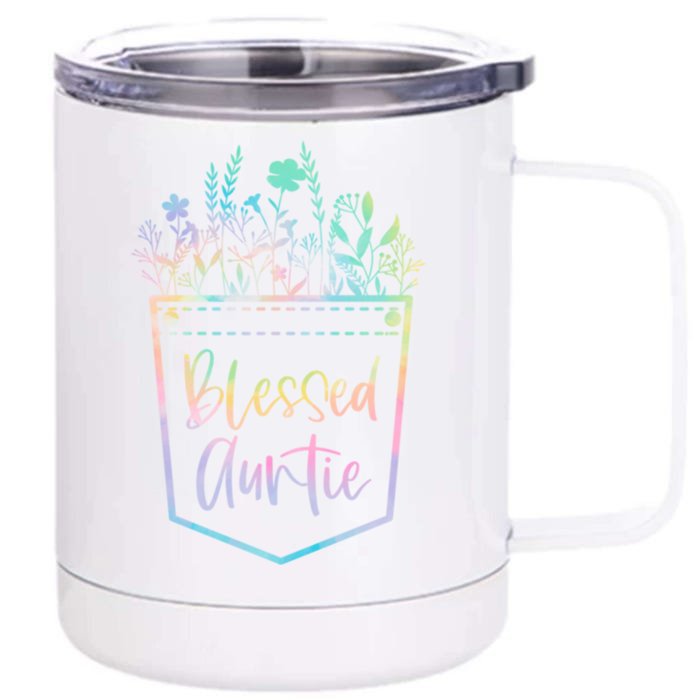 Tie Dye Blessed Auntie Floral Pocket Thankful Auntie Life Meaningful Gift Front & Back 12oz Stainless Steel Tumbler Cup