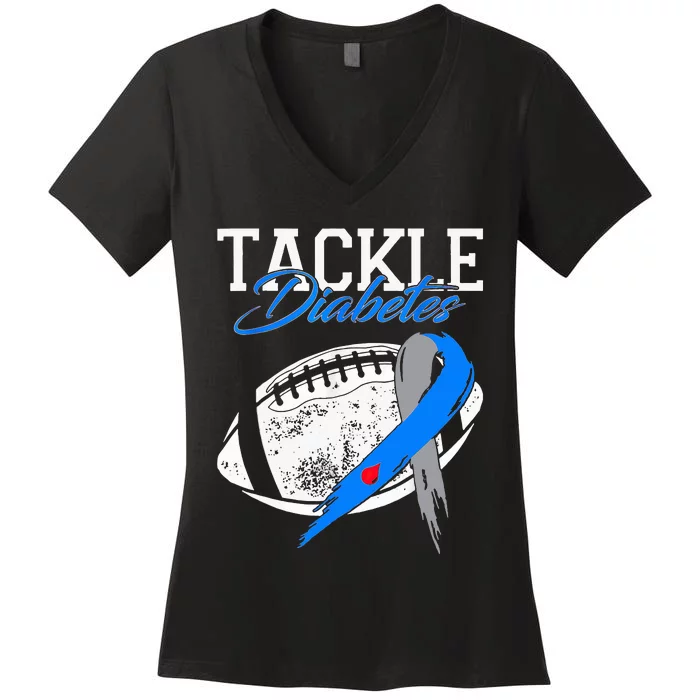 Tackle Diabetes Blue Football Type 1 T1d Diabetes Awareness Women's V-Neck T-Shirt