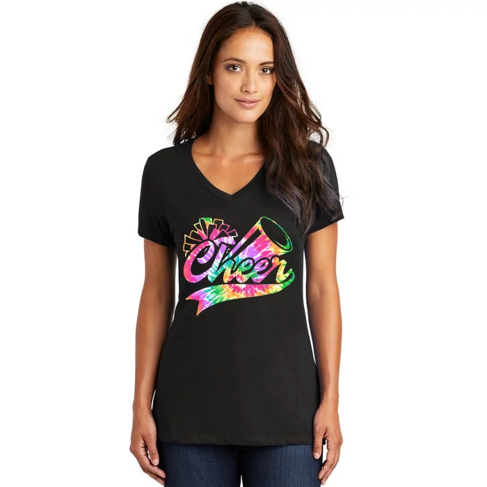 Tie Dye Cheerleading Peace Love Cheer Women's V-Neck T-Shirt