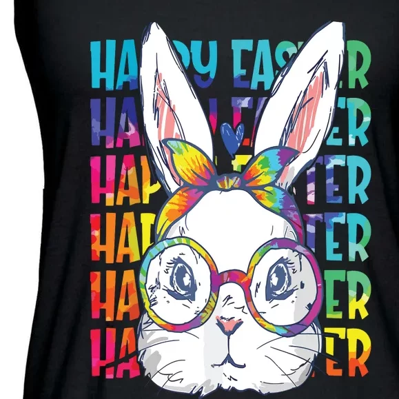 Tie Dye Cute Bunny Rabbit Face Glasses Happy Easter Day Ladies Essential Flowy Tank