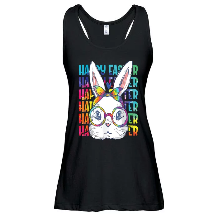 Tie Dye Cute Bunny Rabbit Face Glasses Happy Easter Day Ladies Essential Flowy Tank