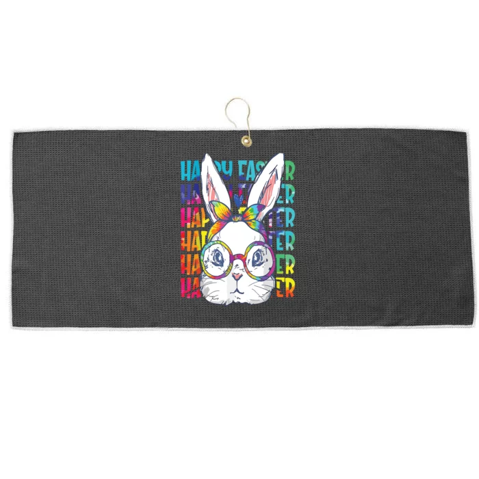 Tie Dye Cute Bunny Rabbit Face Glasses Happy Easter Day Large Microfiber Waffle Golf Towel