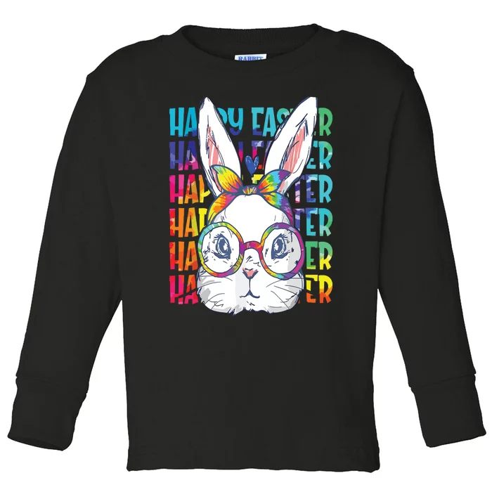 Tie Dye Cute Bunny Rabbit Face Glasses Happy Easter Day Toddler Long Sleeve Shirt