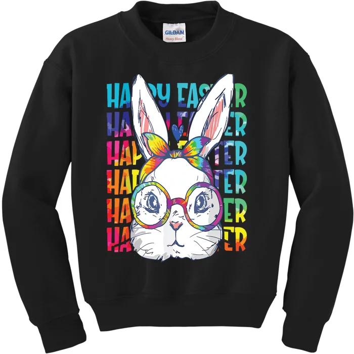 Tie Dye Cute Bunny Rabbit Face Glasses Happy Easter Day Kids Sweatshirt