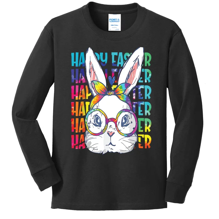 Tie Dye Cute Bunny Rabbit Face Glasses Happy Easter Day Kids Long Sleeve Shirt