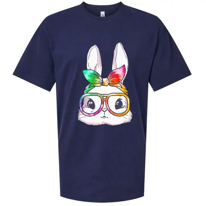 Tie Dye Cute Bunny Rabbit Face Glasses Happy Easter Day Sueded Cloud Jersey T-Shirt