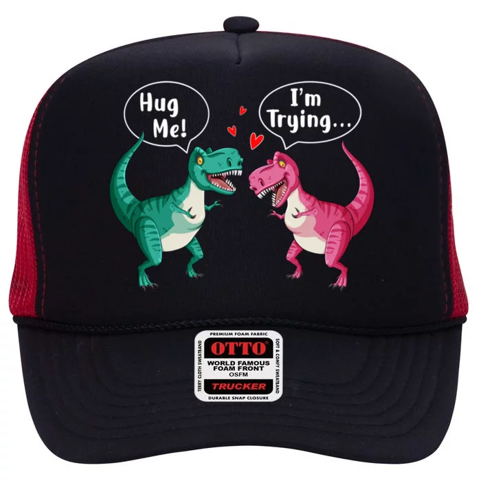 Tgiftrex Dinosaur Couple Hug Me Valentines Day Funny Gift High Crown Mesh Trucker Hat