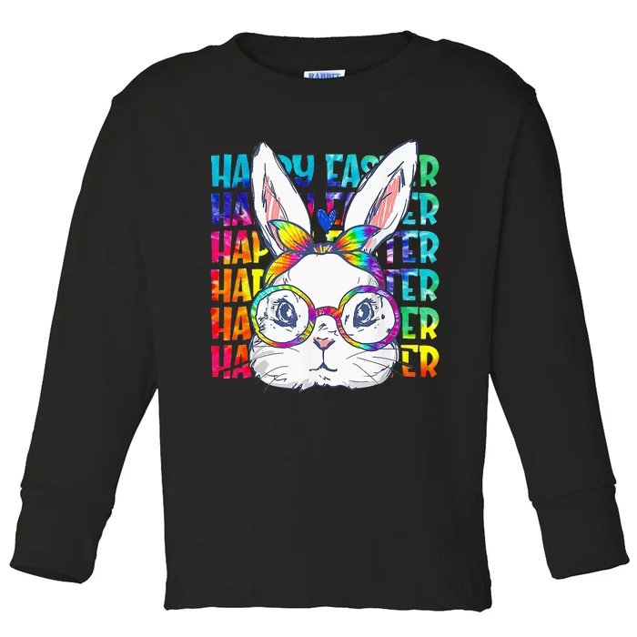 Tie Dye Cute Bunny Rabbit Face Glasses  Happy Easter Day Toddler Long Sleeve Shirt