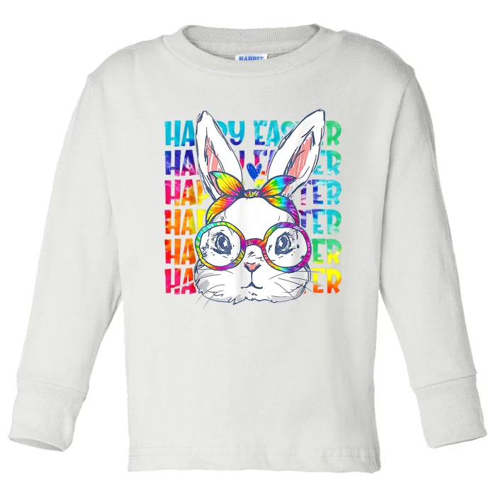 Tie Dye Cute Bunny Rabbit Face Glasses Girl Happy Easter Day Toddler Long Sleeve Shirt