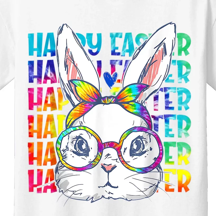 Tie Dye Cute Bunny Rabbit Face Glasses Girl Happy Easter Day Kids T-Shirt