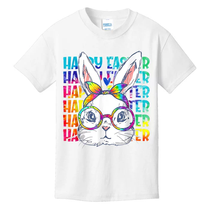 Tie Dye Cute Bunny Rabbit Face Glasses Girl Happy Easter Day Kids T-Shirt