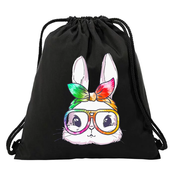 Tie Dye Cute Bunny Rabbit Face Glasses Happy Easter Day Drawstring Bag