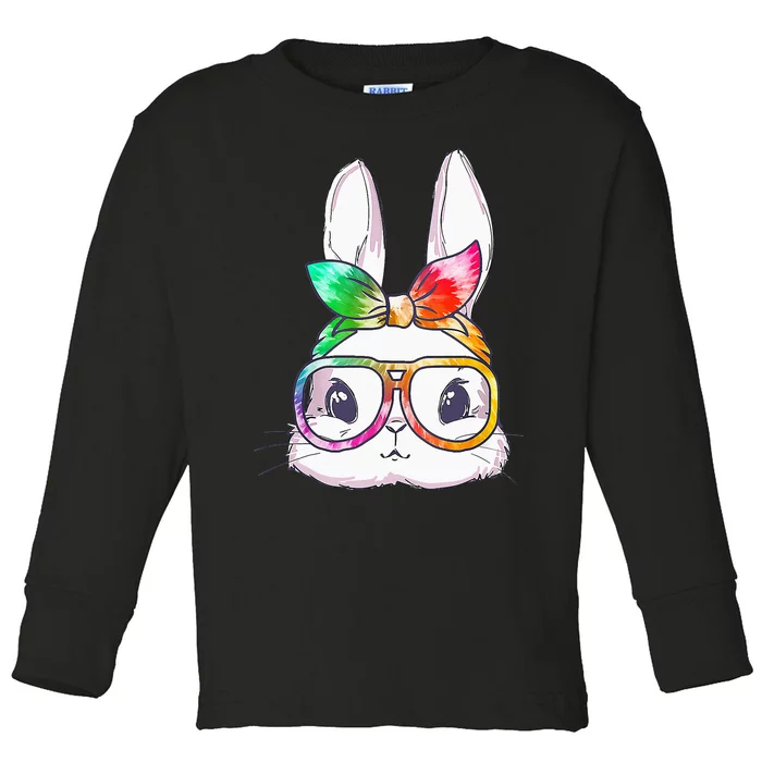 Tie Dye Cute Bunny Rabbit Face Glasses Happy Easter Day Toddler Long Sleeve Shirt