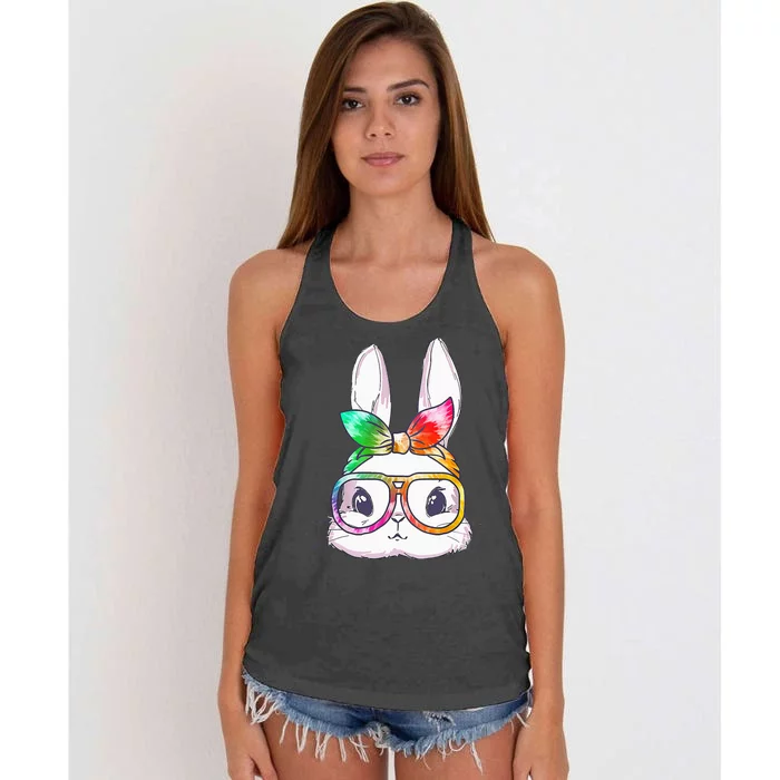 Tie Dye Cute Bunny Rabbit Face Glasses Happy Easter Day Women's Knotted Racerback Tank