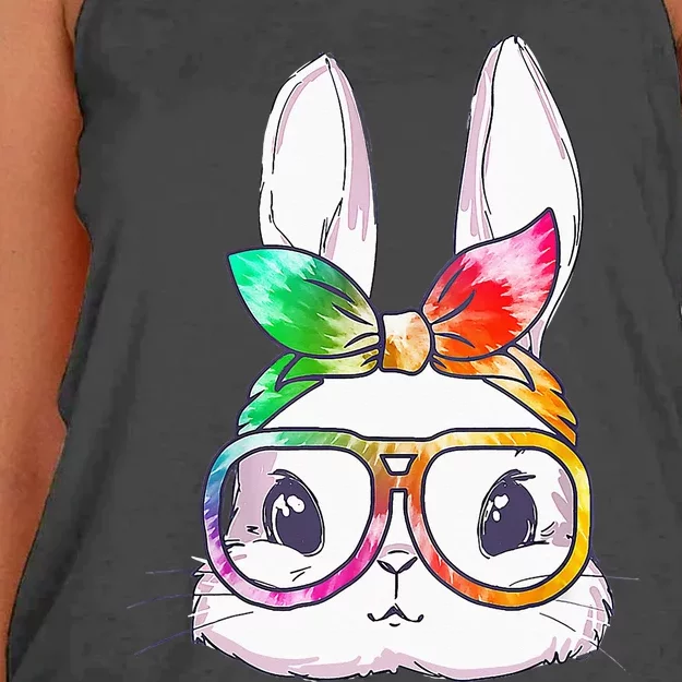 Tie Dye Cute Bunny Rabbit Face Glasses Happy Easter Day Women's Knotted Racerback Tank