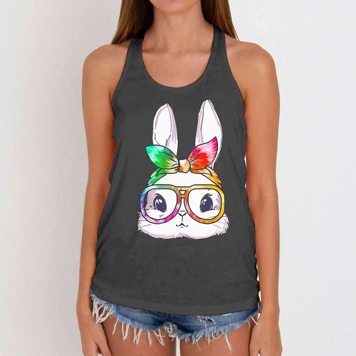 Tie Dye Cute Bunny Rabbit Face Glasses Happy Easter Day Women's Knotted Racerback Tank