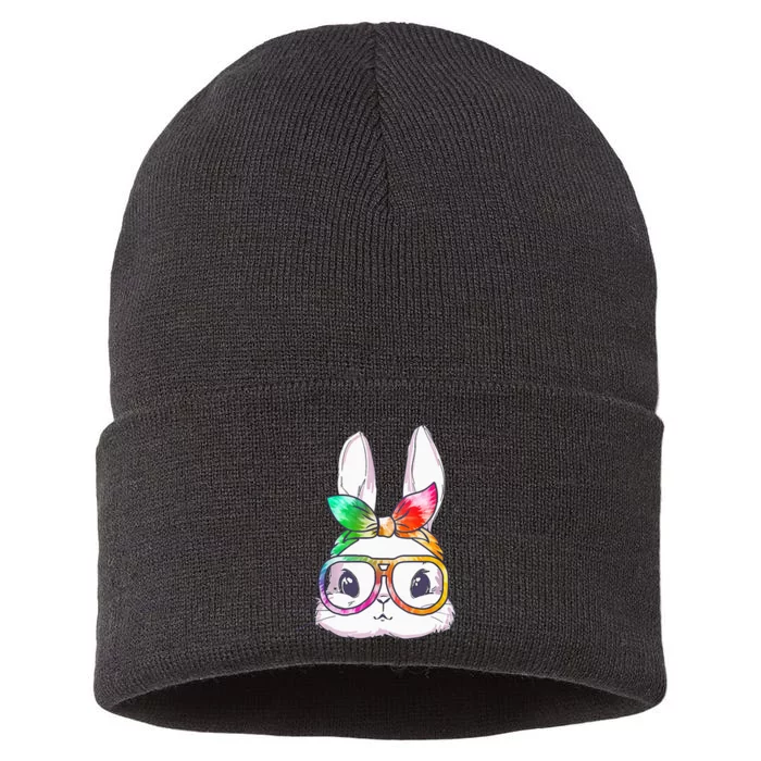 Tie Dye Cute Bunny Rabbit Face Glasses Happy Easter Day Sustainable Knit Beanie