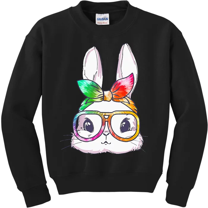 Tie Dye Cute Bunny Rabbit Face Glasses Happy Easter Day Kids Sweatshirt