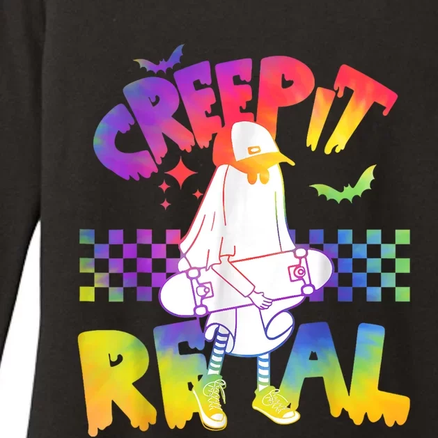 Tie Dye Creep It Real Cool Ghost Skateboard Funny Halloween Womens CVC Long Sleeve Shirt