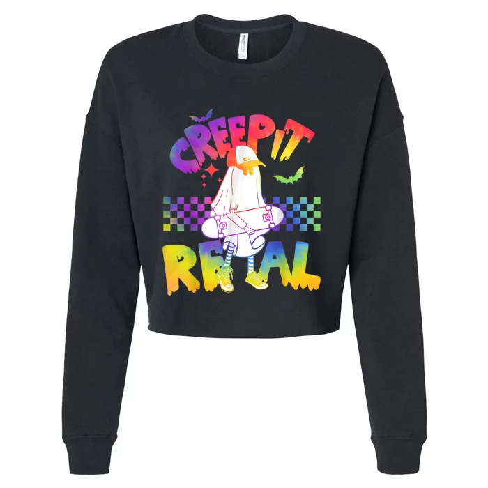 Tie Dye Creep It Real Cool Ghost Skateboard Funny Halloween Cropped Pullover Crew