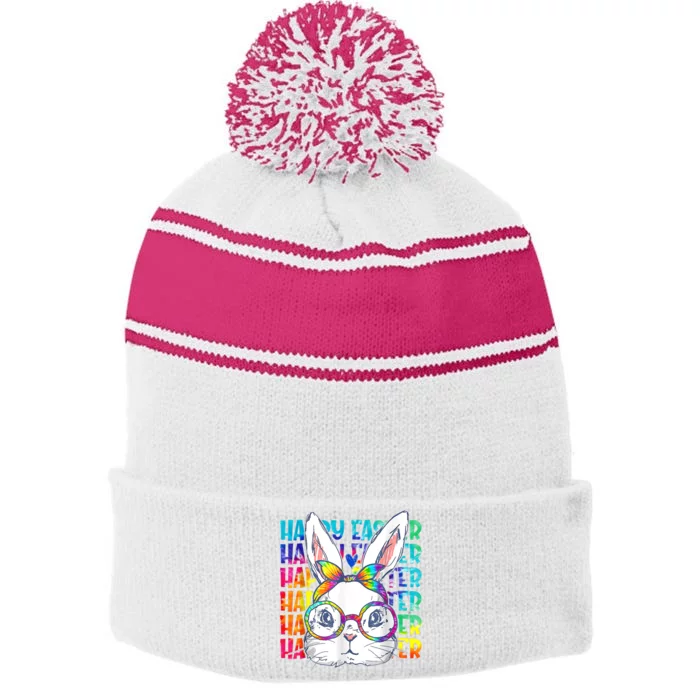 Tie Dye Cute Bunny Rabbit Face Glasses Girl Happy Easter Day Stripe Pom Pom Beanie