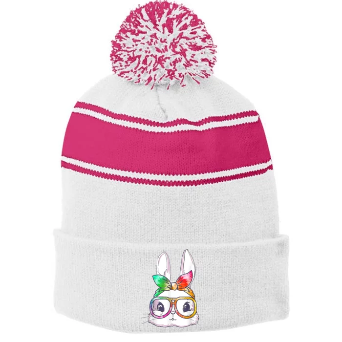 Tie Dye Cute Bunny Rabbit Face Glasses Girl Happy Easter Day Stripe Pom Pom Beanie