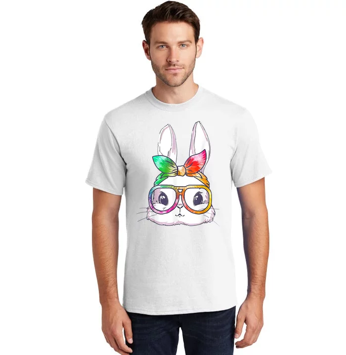 Tie Dye Cute Bunny Rabbit Face Glasses Girl Happy Easter Day Tall T-Shirt